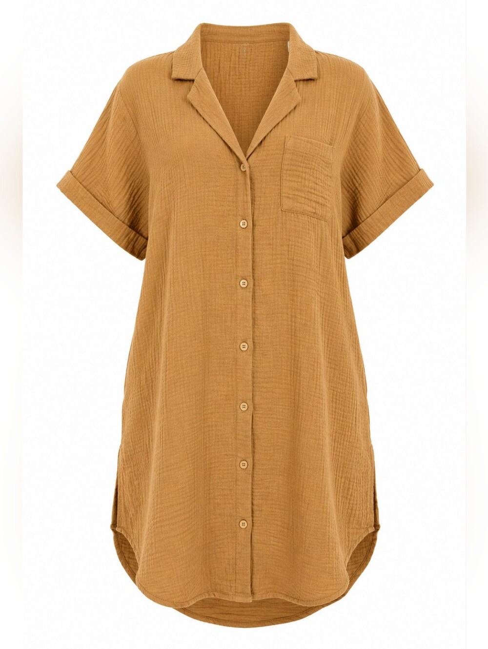 New In Cotton Gauze Shirt Dress L Camel Tie Back Button Front NWT